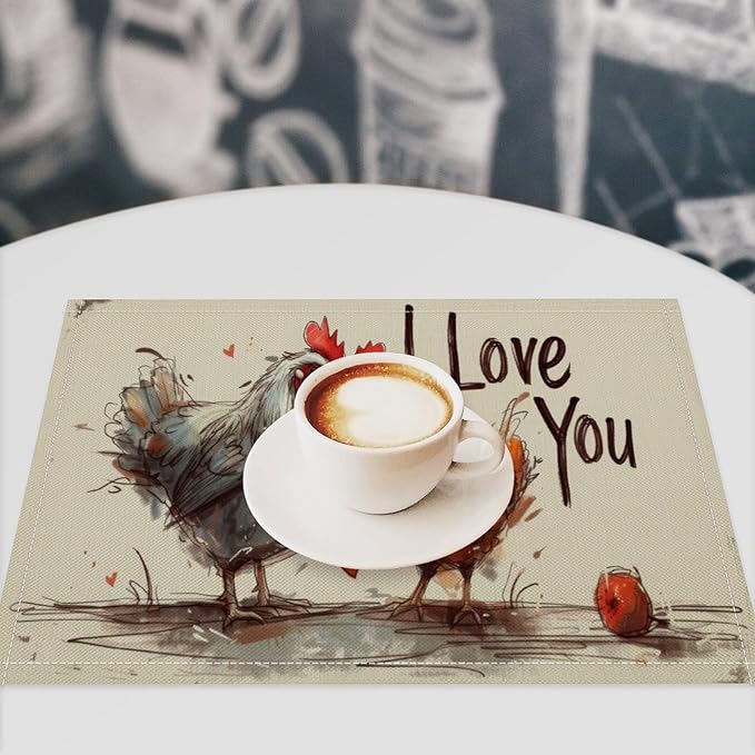Rural Rooster Placemat Set, Vintage Farmhouse Funny Colorful Hand Drawn Watercolor Line Sketch Chicken Pattern Home Decor Linen Table Mats for Dining Room Kitchen Party (17x12in) x2P