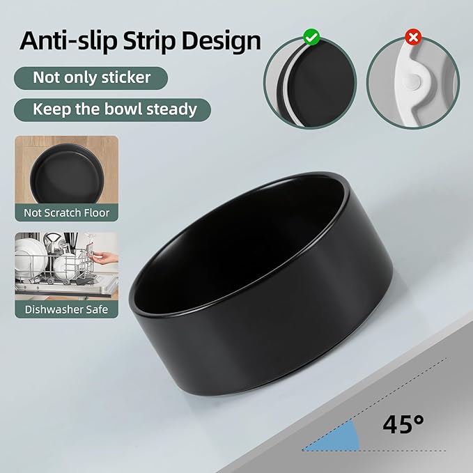 Ceramic Dog Bowl, Food and Water Bowl for Medium Breed Dog, Pet Bowl for Replacement (7.3 inch, Single Bowl, Black)
