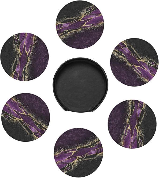 6 Pcs Abstract Black and Purple Marble Leather Coasters - Image 7