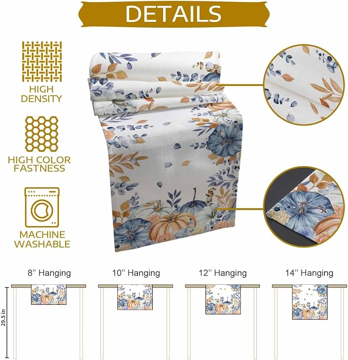 Blue Pumpkin Fall Table Runner 36 Inches Long, Thanksgiving Floral Eucalyptus - Image 8