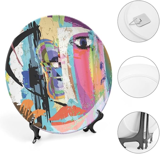 Ceramic Plates, Abstract Decorative Ceramic Plates, Woman Face Art Paint Strokes and Splashes Eye Red Lips Grungy, 6 Inch, for Dining, Parties, Wedding, Multicolor