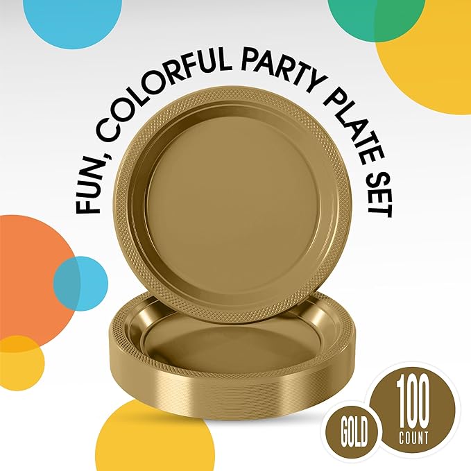 Gold Plastic Plates For Party 10" Gold Disposable Plates Heavy Duty 100 Pcs Plastic Dinnerware Sets Heavy Duty 350 GSM Disposable Dinnerware Set