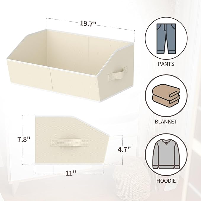 Storage Bins for Shelves - Large Trapezoid Closet Shelf Organizer, Fabric Organization Bins with Handles, Storage Baskets for Clothes, Towel, Purse, 4 Pack, Beige
