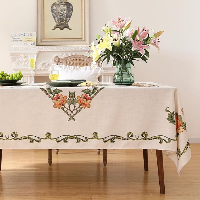 patdrea Designer Vintage Linen Rectangle Tablecloth,French Floral Tablecloths,Wrinkle Free Table Cloth,Decorative Table Cover Cloth for Kitchen,Dining,Tea Party,Home,Christmas,63"*94"