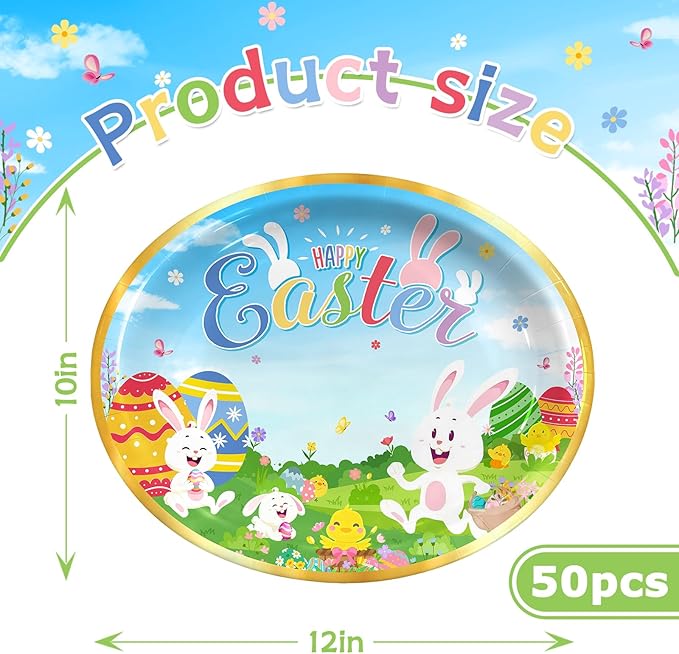 Happy Easter Oval Paper Plates 10" x 12" Serve 50, Floral Easter Party Supplies with Cute Bunny Chick Colorful Eggs Disposable Bunny Paper Dinnerware Set for Spring Holiday Birthday Party Baby Shower