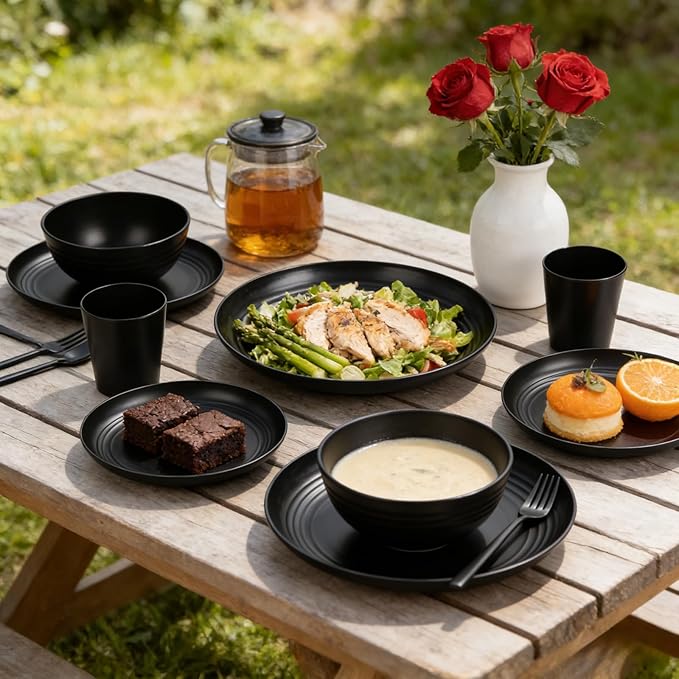 Supernal Wheat Straw Dinnerware Sets,Plates and Bowls Set, Dish Sets for 8, Unbreakable Plate for 8 Dishwasher Safe,Reusable Dinnerware Black-16pcs Plates, 8pcs Bowls, 8pcs Cups.