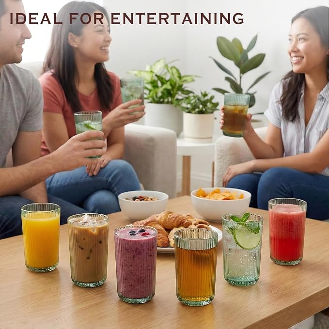 Green Ribbed Highball Glasses Set of 6, 13.2oz Sage Green Colored Glassware - Image 8