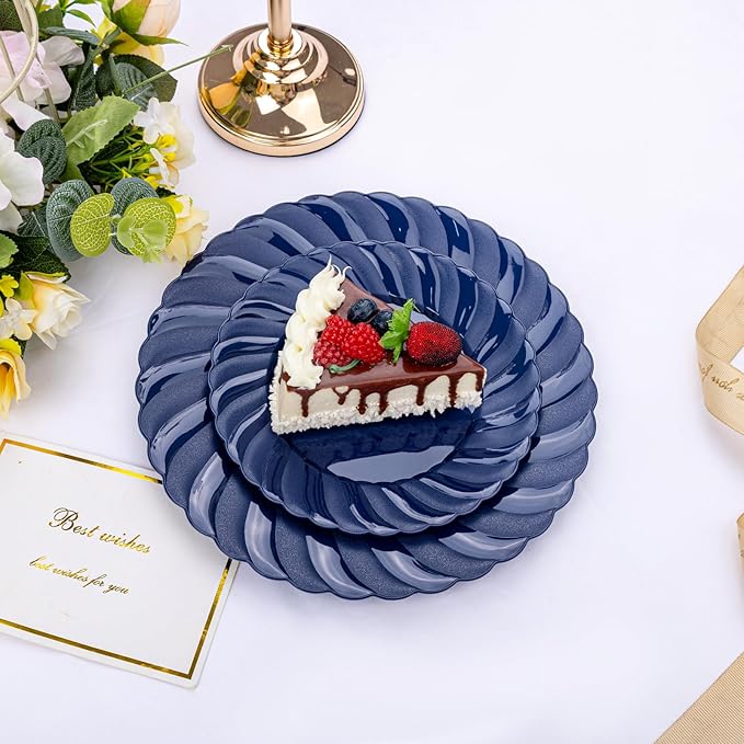 U-QE 100PCS Blue Disposable Plates - Heavy Duty Blue Plastic Hanukkah Plates for Hanukkah/Party/Wedding - Include 50PCS 9inch Dinner Plates and 50PCS 6.5inch Dessert/Salad Plates