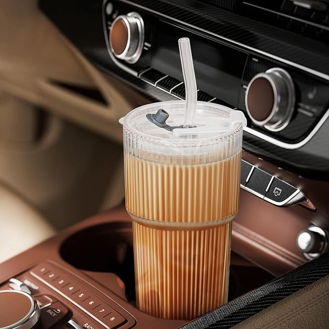 2 Pack 20 Oz Glass Cups with Lids and Straws Iced Coffee Cups Vintage Ribbed Glassware for Beer Ice Coffee Fruit Juice Elegant Aesthetic Cup Glass Iced Coffee Tumbler Include 1 Cleaning Brushes