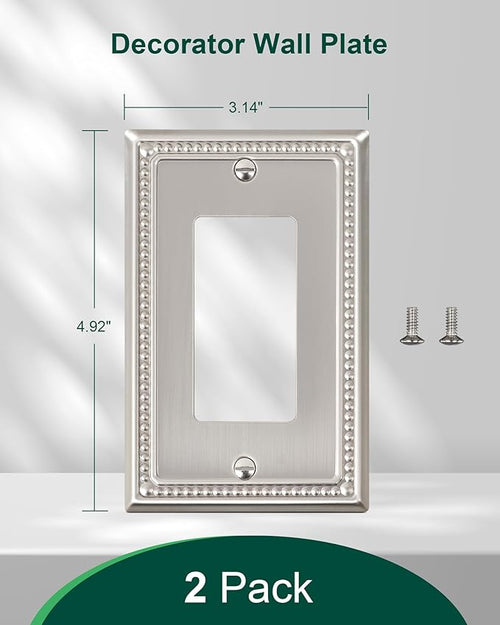 2-Pack Decorator Outlet Cover Plate, Decorative Switch Plates and Outlet Covers, Brushed Nickel Metal Wall Plates for Electrical Outlets, Receptacle, GFCI Outlet, Dimmer Switch