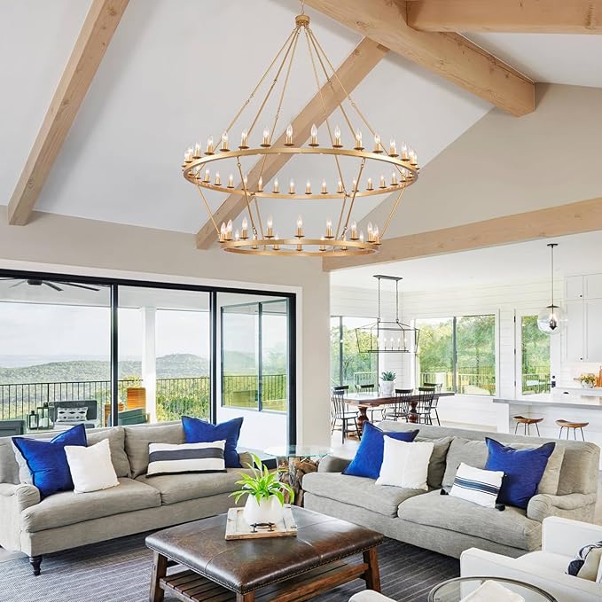60 Inch Gold Extra Large Wagon Wheel Chandelier, 2 Tier 54-Lights Farmhouse Industrial Round High Ceiling Pendant Light Adjustable Chain, for Dining Room, Living Room