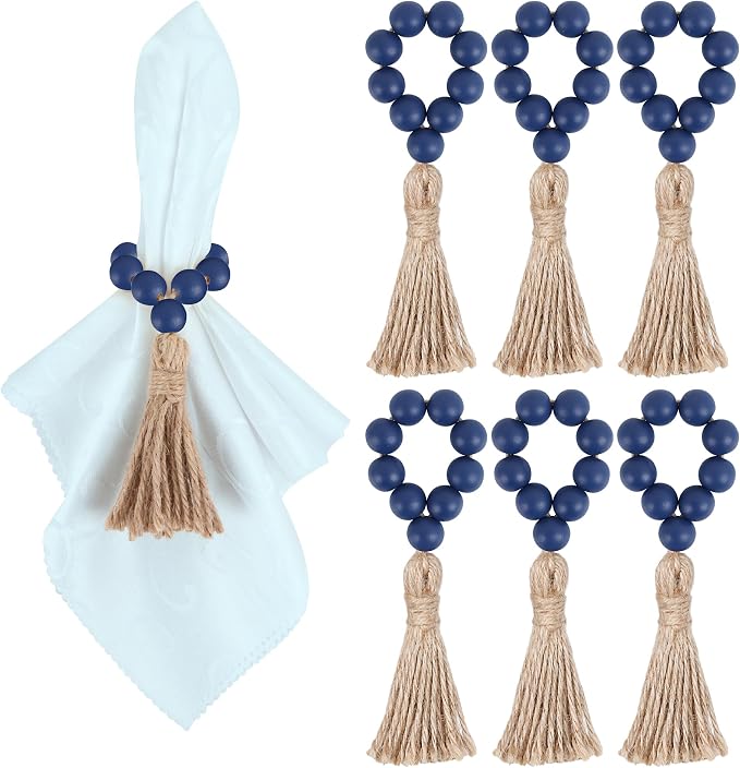 Meplait 6 Pack Wooden Bead Napkin Rings, Farmhouse Napkin Ring, Stretchable by Meplait