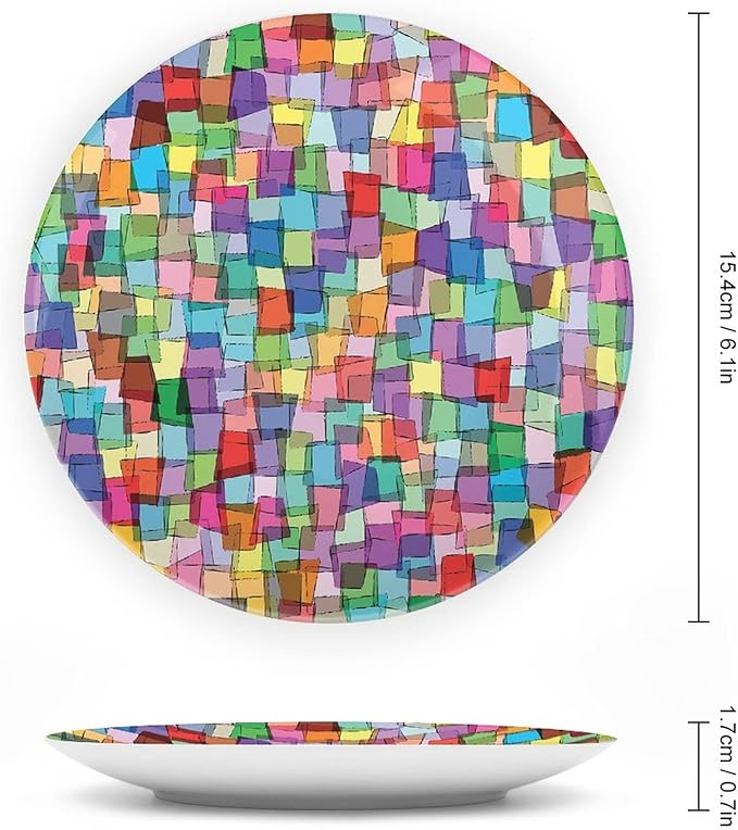 Ceramic Display Plate, Abstract Ceramic Hanging Decorative Plate, Mosaic Tile Pattern Colorful Squares Cubes, 6 Inch, Household Custom Ceramic Plate, Multicolor