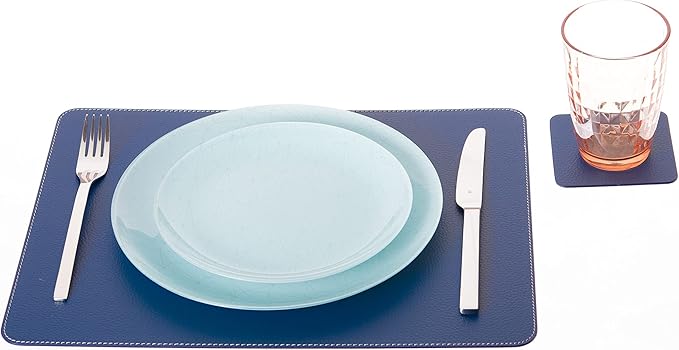 Nikalaz Set of Blue Placemats and Coasters, 4 Table Mats and 4 Coasters, Recycled Leather, Place Mats 18'' x 13'' and Coasters 3.9'' x 3.9''