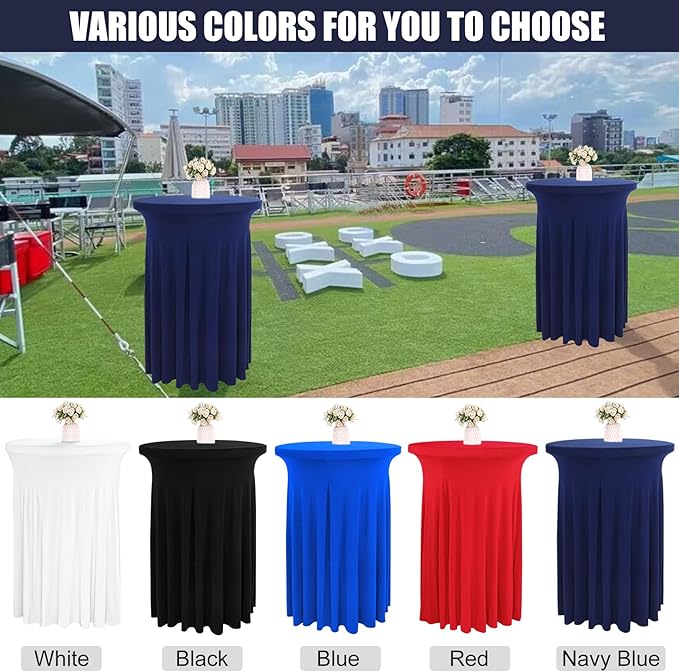 4 Packs 32 x 43 Inch Spandex Round Cocktail Table Skirts Stretch Cocktail Table Covers Fitted High Top Tables for Wedding Bar Party Banquet (Navy Blue)