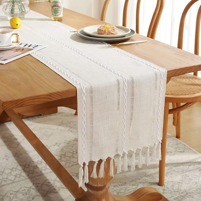 Wracra Rustic Linen Table Runner, Ivory Table Runners 72 inches Long | Raised - Image 5