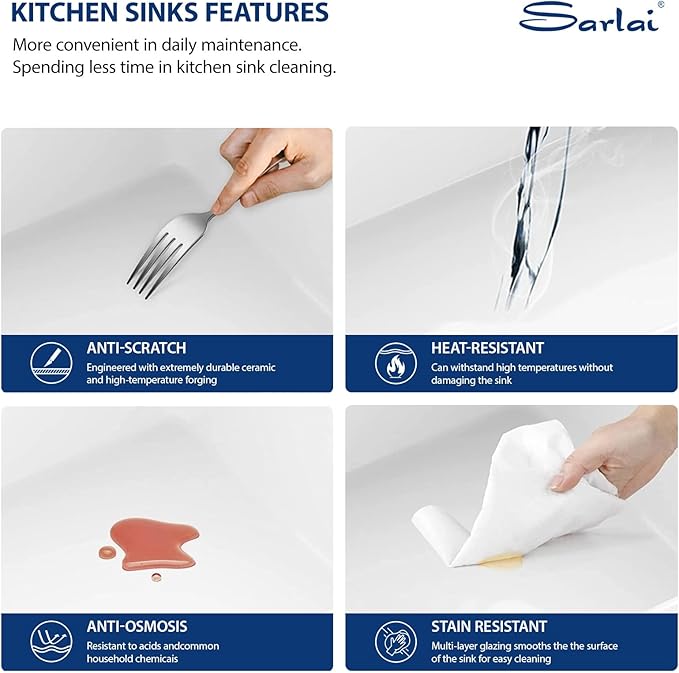 Sarlai 33 White Farmhouse Kitchen Sink - 33x20 Inch White Farm Sink Workstation Undermount Kitchen Sinks Apron Front Ceramic Porcelain Fireclay Single Bowl Farmer Sinks Basin