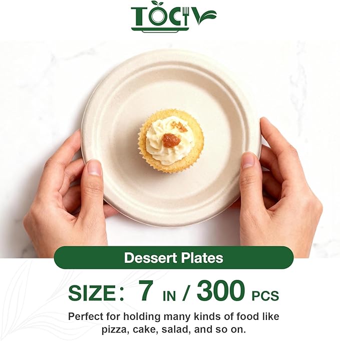 Paper Plates Compostable 300-Count 7 Inch Disposable Heavy Duty Party Small Plates Bulk for Appetizer Dessert Cake Biodegradable Birthday Holiday Kids Party Supplies