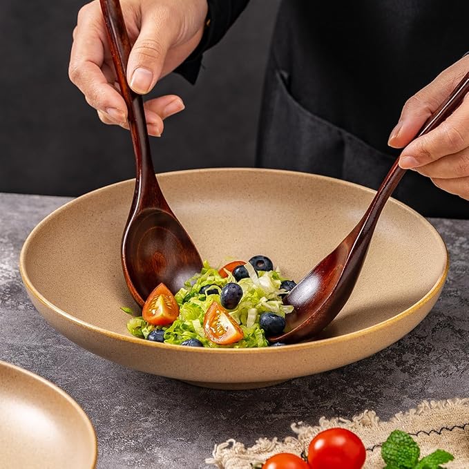 Ceramic Serving Bowls with Wooden Spoons Set of 2, Large Serving Bowl for Dinner Salad Soup Pasta Dessert Fish Fruit Chicken Bread, Oven Dishwasher Safe, 50oz Bowl for Entertaining, 9.75"