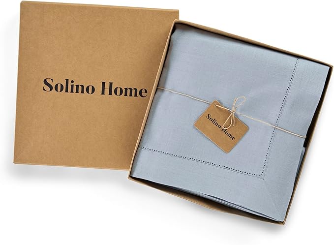 Solino Home Dusty Blue Linen Tablecloth 60 x 90 Inch - 100% Pure Linen Hemstitch Table Cloth for Rectangle Tables - Classic Hemstitch, Machine Washable Tablecloth for Winter, Spring, Easter