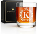 Whiskey Glasses - Rocks Old Fashioned Glass Gifts for Men, Monogrammed A-Z 10oz Personalized Whisky Glasses, Christmas Birthday Gifts for Men Him Dad Father Husband Brother Son (K)