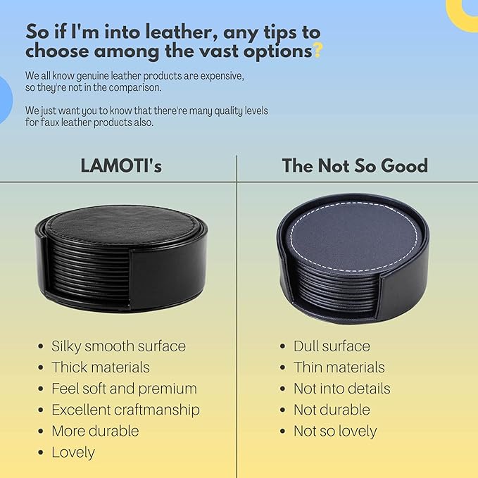 LAMOTI Leather Coasters for Drinks, 4" Drink Coasters Set of 6 with Holder for Tabletop Protection, Handmade Luxurious Home Décor and Housewarming Gift (Black)