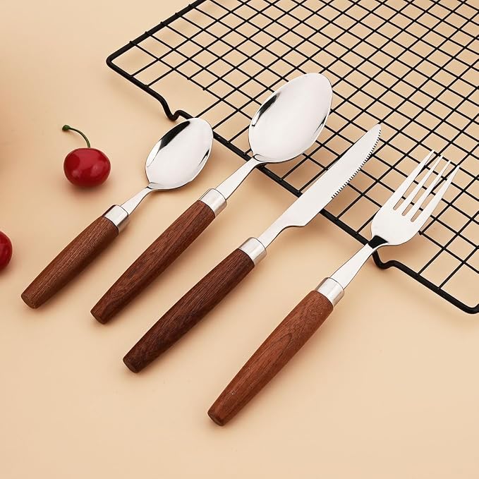 16-Piece Wooden Handle Silverware Set, BRIIEC 304 Stainless Steel Flatware Set - Image 8