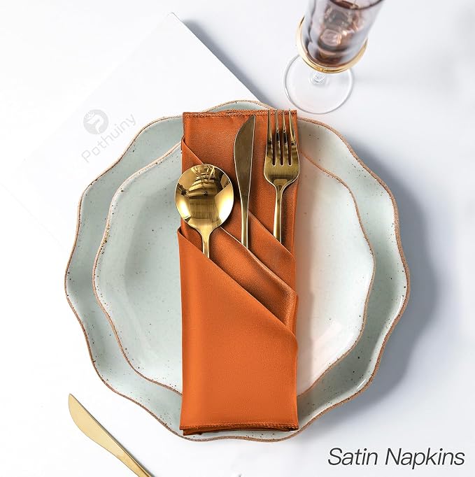 P Pothuiny 24 Pcs Burnt Orange Satin Napkins 17x17 in, Satin Cloth Napkins | - Image 5