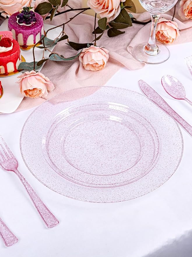 WDF 200PCS Pink Plastic Plates - Rose Gold Glitter Plastic Plates - Heavy Duty Pink Glitter Disposable Plates for Parties/Wedding/Valentine's Day
