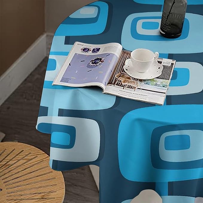 Mid Century Boho Round Tablecloth, Blue Mid Century Modern Art Abstract Geometric Pattern Retro Vintage Style Tablecloth for Home Party Dining Room Kitchen Decor 70Inch(178cm)