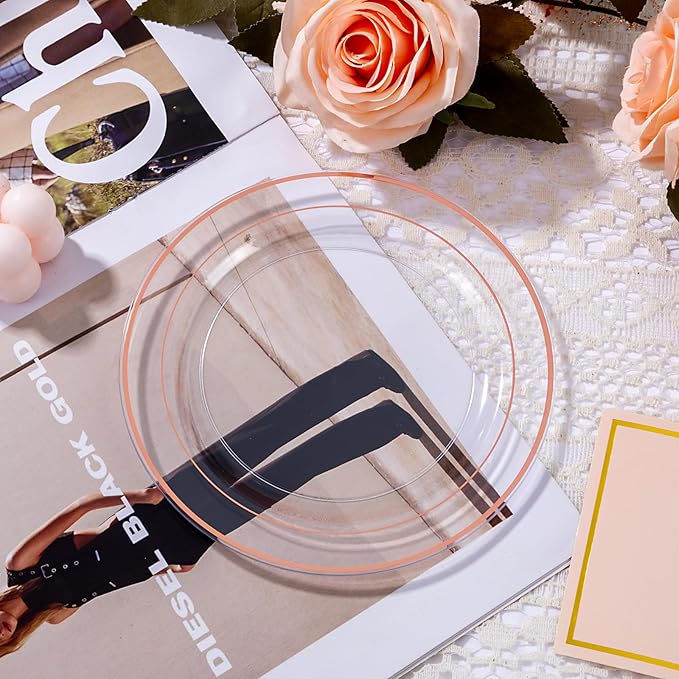 bUCLA 100PCS Clear Rose Gold Plastic Plates Disposable - Heavy Duty 6.25 Inch Clear Plastic Dessert Plates with Rose Gold Trim - Ideal for Party, Wedding & Valentines Day