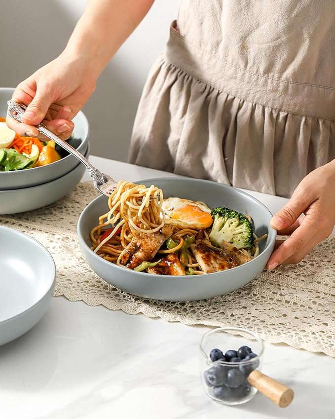 Pasta Bowls Set of 4, Stoneware 34 oz Salad Bowls, Ceramic Bowl Plates for Pasta, Salad, Fruit, Cereal, Soup, Pottery Bowls for Kitchen, Microwave & Dishwasher Safe, Pebble Gray