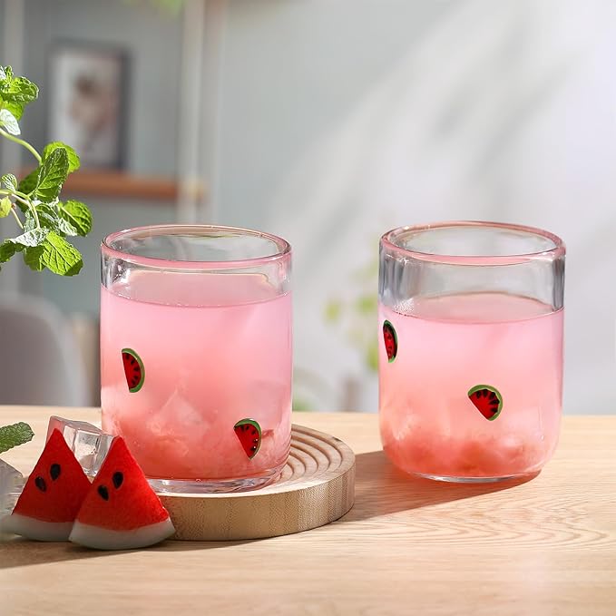 Icon Juice Glasses, 14oz Stemless Wine Drinking Juice Glass Cup for Valentine Party Supplies Gift(2 Pcs,Watermelon)