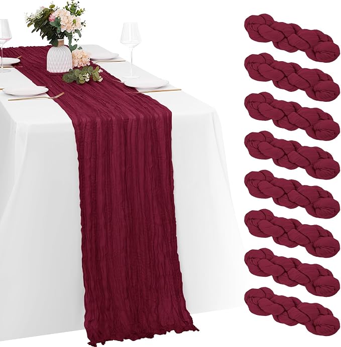 8 Pack Burgundy Cheesecloth Table Runners 20x120 Inch Gauze Table Runner 10FT by Yorcari