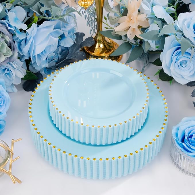 EI 60pcs Blue Plastic Plates,Dispoable Heavy Duty Plastic Plates with Gold Rim,Baby Blue Dessert/Dinner Plate,Fancy Elegant Plate for Party,Birthday,Afternoon Tea