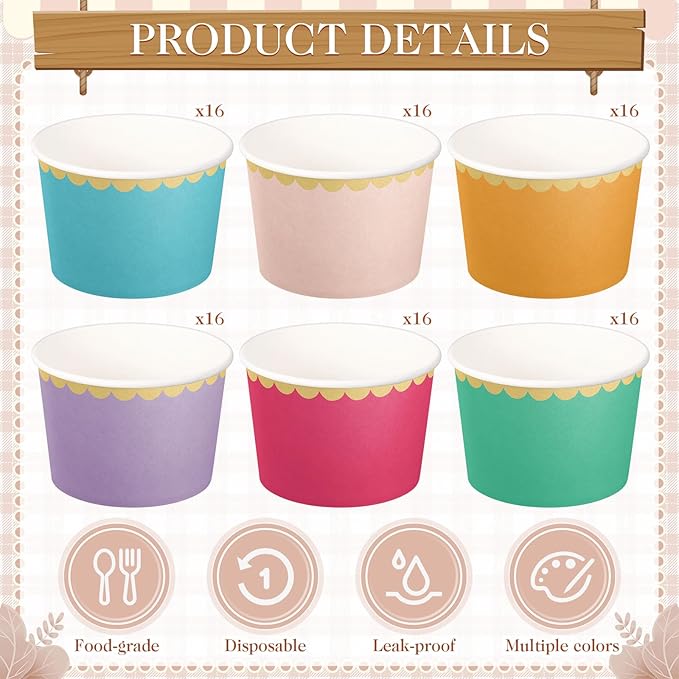 Zopeal 96 Pcs Colorful Disposable Ice Cream Bowls 9oz Candy Gradient Color Paper Snack Cups with Gold Scallop for Parties, Weddings, Baby Showers, Desserts, Yogurt, and Salads