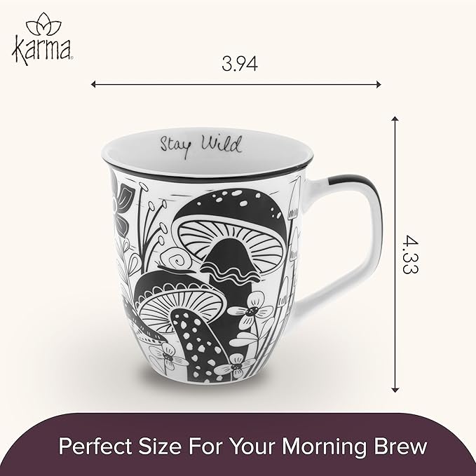 Karma Gifts 14 oz Black and White Boho Mug Mushroom - Image 6
