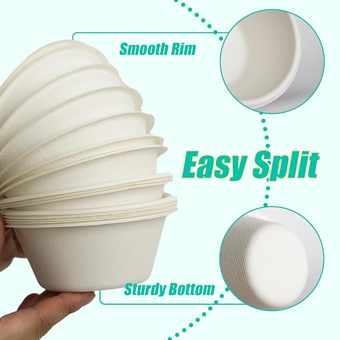 200 Count 8 oz Paper Bowls, Small Disposable Compostable Bowls, Heavy Duty Biodegradable Sugarcane Bagasse Bowl for Snacks, Fruits, Desserts, White