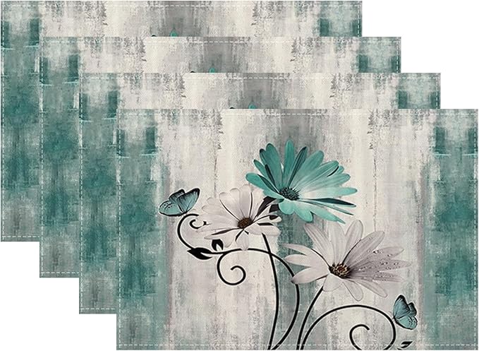 Floral Placemats Set of 4, 12x18 Inch Teal Blue Daisy Flower Table Mats Rectangle Vintage Flowers Holiday Decorative Table Placemats for Party Home Kitchen Dining Table Decoration