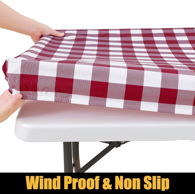 Smiry Rectangle Picnic Table Cloth, Elastic Waterproof Fitted Vinyl Tablecloths, Flannel Backed Buffalo Plaid Table Covers for Dining, Camping, Outdoor (Burgundy and White, 30" x 48")