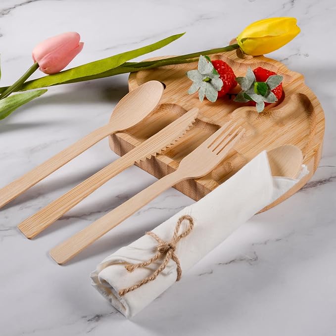 Pre Rolled Napkin and Bamboo Cutlery Set - 30Pack Bamboo Utensils/Cutlery Set(30 Forks, 30 Knives, 30 Spoons, 30 Napkins), Biodegradable Wrapped Cutlery for Party, Wedding, Events