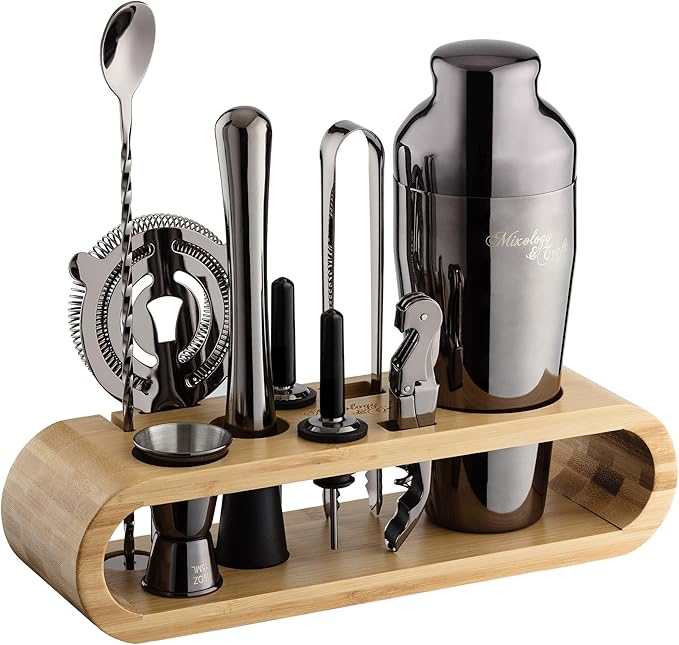 Mixology & Craft Cocktail Shaker Set with Bamboo Stand - Professional 18oz 10-Piece Bartender Kit - Complete Bar Set & Cocktail Mixer Kit for Home (Gunmetal)