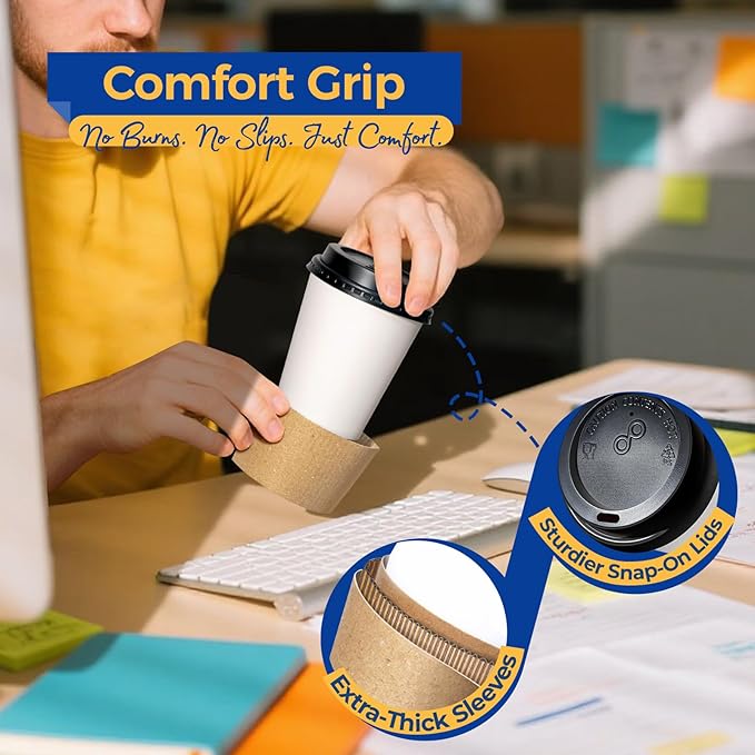 Fit Meal Prep 50 Pack 8 oz Disposable Coffee Cups with Lids, Sleeves, Leak-Proof To Go Coffee Cups with Lids, Durable Paper Cups for Hot Beverage, Home, Office, Party