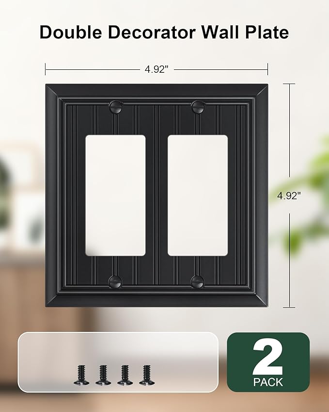 2-Pack Classic Beadboard Decorative Double Decorator Outlet Cover Plate, Matte Black Durable Natural Bamboo Fiber Wall Plates for Electrical Outlets, Receptacle, GFCI Outlet, Dimmer Switch, 2-Gang