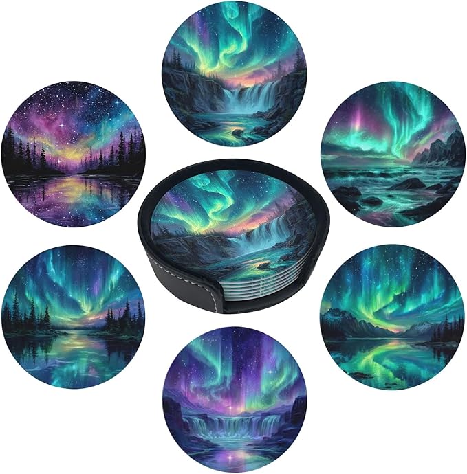 Northern Lights Coasters for Drinks with Holder Round Leather Coasters Set of 6 Cups Mugs Mat Pad for Home Kitchen Bar