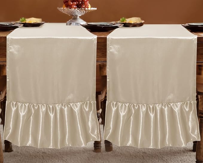 2 Pack Champagne Satin Table Runner 12 x 72 Inch | Ruffle Design, Luxurious - Image 3