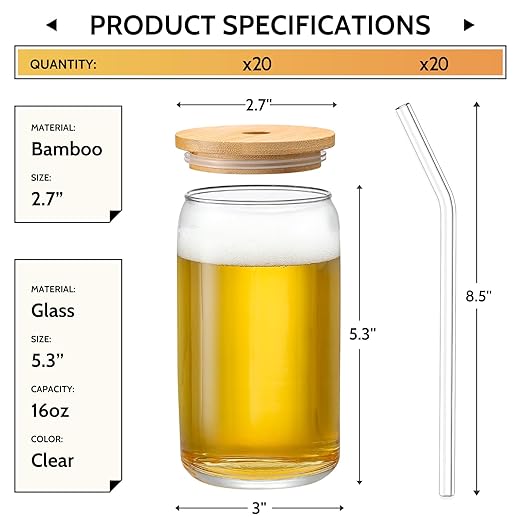 VITEVER [ 20pcs Set ] Glass Cups with Bamboo Lids and Glass Straw - Beer Shaped 16 oz Iced Coffee Drinking Glasses, Cute Tumbler Cup for Smoothie, Boba Tea, Whiskey, Water