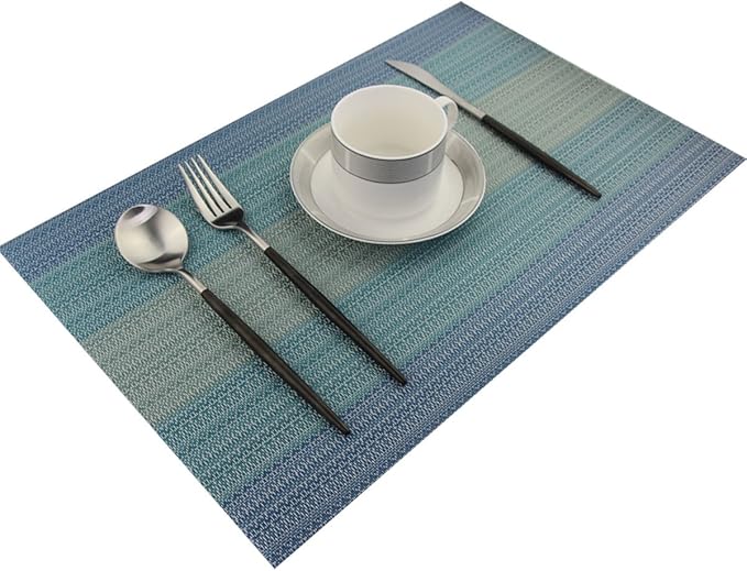 Placemats Washable Easy to Clean PVC Placemat for Kitchen Table Heat-resistand Woven Vinyl Hard Table Mats 12x18 inches Set of 6 （Blue）
