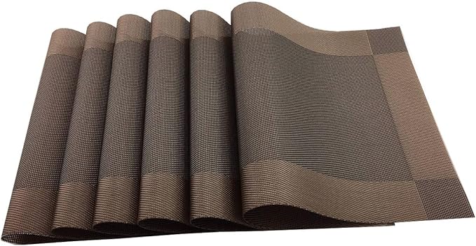 Gugrida Vinyl Brown Placemats Heat Resistant Dining Table Mats Non-Slip Washable Place Mats Set of 6 （Brown）