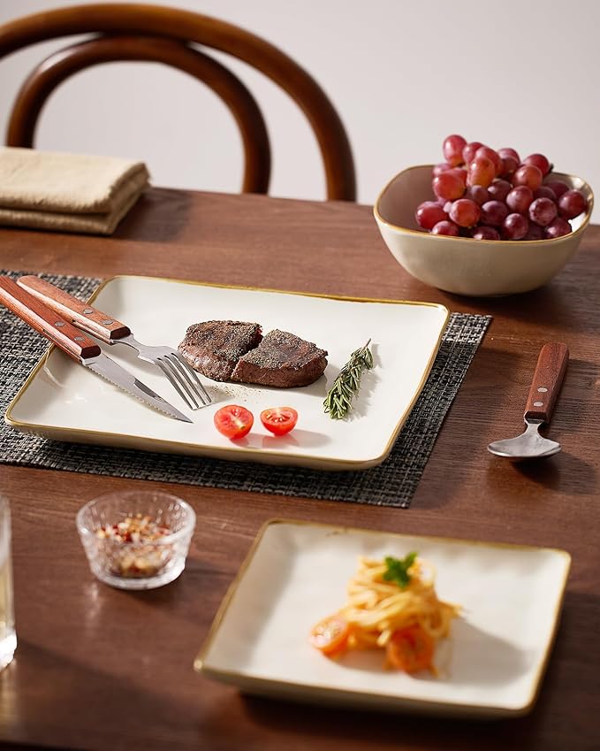 Famiware Dinnerware Sets for 4, Ocean Square 12-Piece Kitchen Plates and Bowls Sets, Microwave and Dishwasher Safe, Scratch Resistant, Vanilla White
